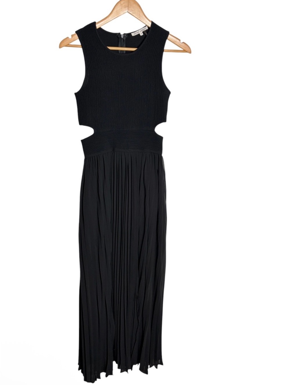 Black ribbed cutout maxi dress romper shorts side slits pleated skirt size S